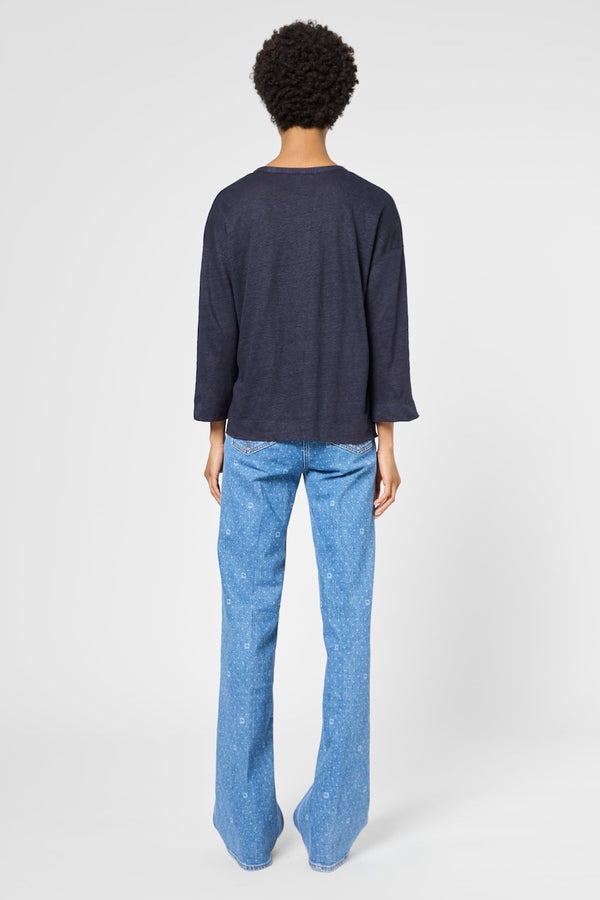GRETTA NAVY TUNISIAN COLLAR LINEN T-SHIRT