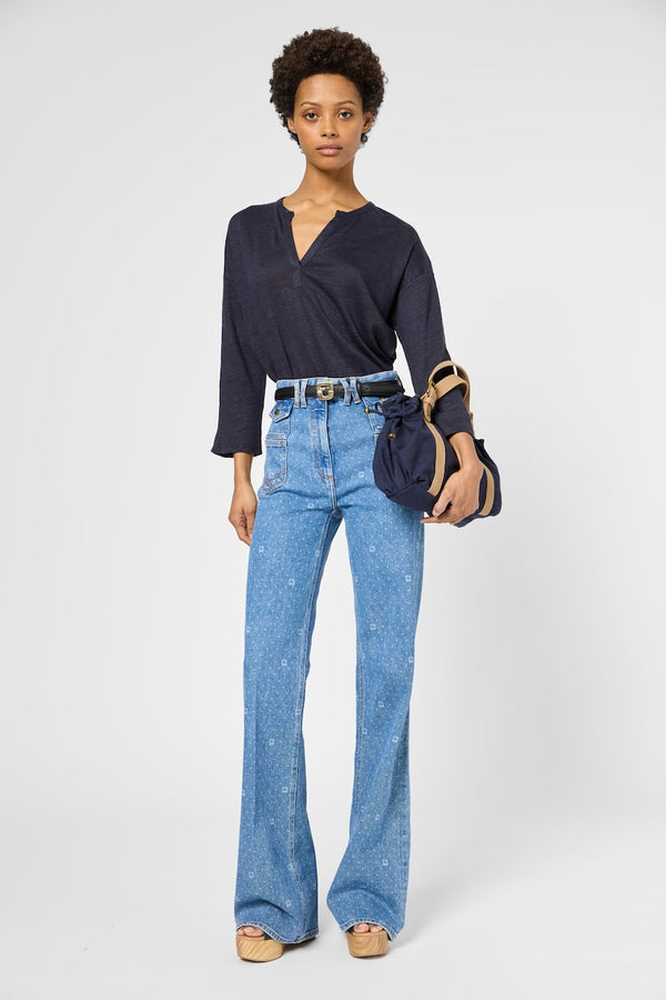 GRETTA NAVY TUNISIAN COLLAR LINEN T-SHIRT