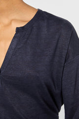 GRETTA NAVY TUNISIAN COLLAR LINEN T-SHIRT