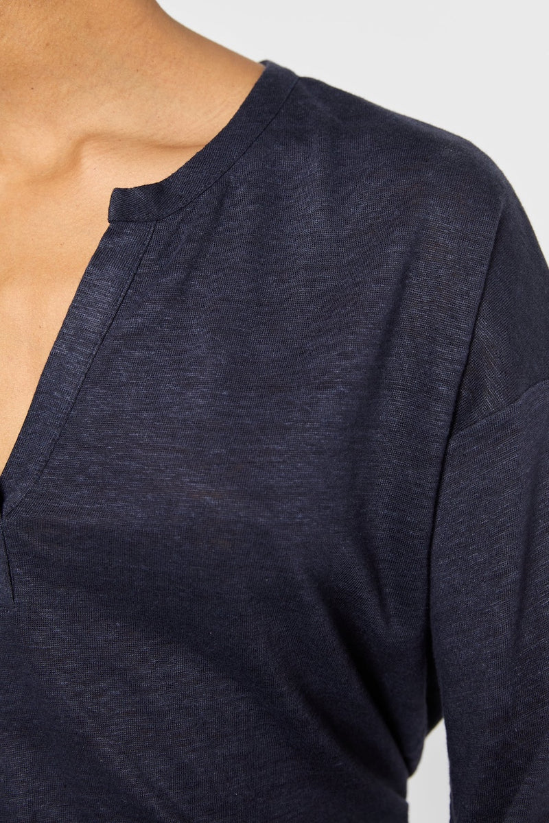 GRETTA NAVY TUNISIAN COLLAR LINEN T-SHIRT