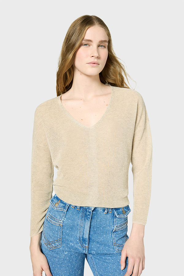 JANIKA BEIGE IRIDESCENT V-NECK SWEATER