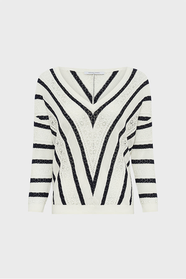 JOELLE LACE STRIPES V-NECK SWEATER