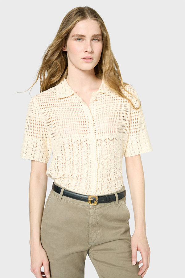 JOLENE ECRU CROCHETED STRIPE POLO SWEATER