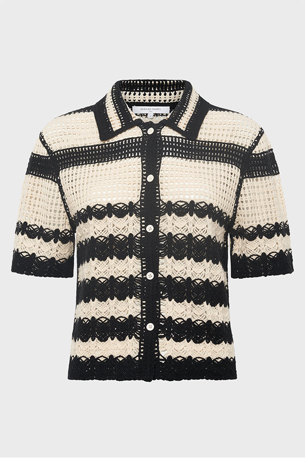 JOLENE BLACK CROCHETED STRIPE POLO SWEATER