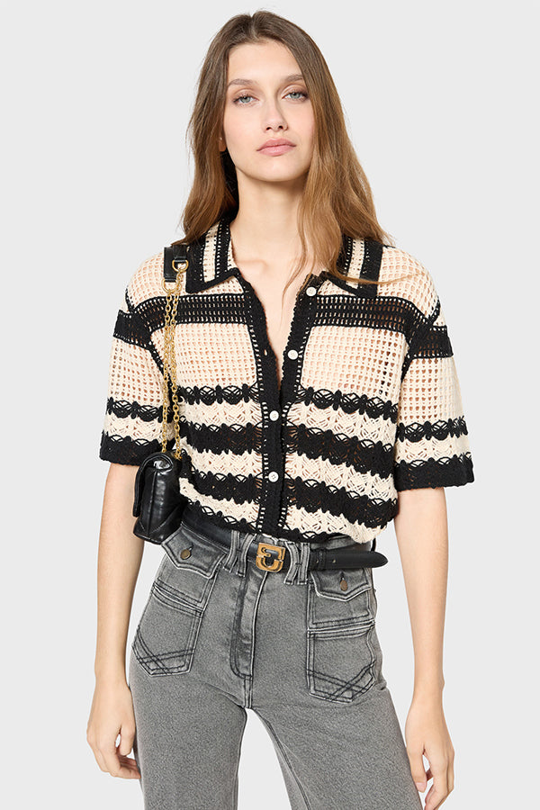 JOLENE BLACK CROCHETED STRIPE POLO SWEATER