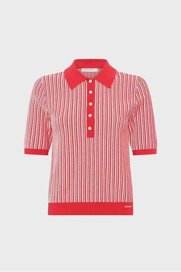 JARELLE RED TWO-TONE POLO STYLE SWEATER