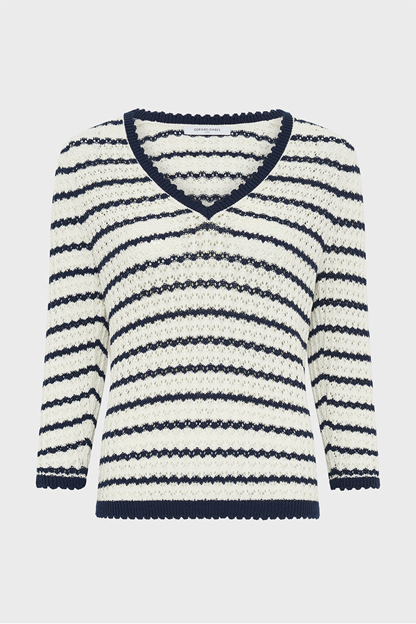 JAINA STRIPED CROCHET V-NECK SWEATER