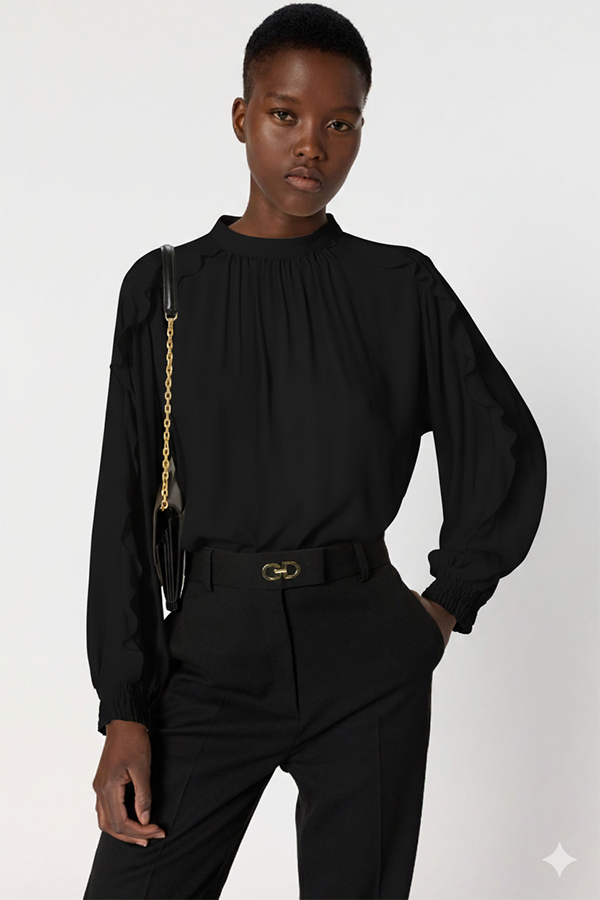 ANAIS BLACK RUFFLED SOFT BLOUSE