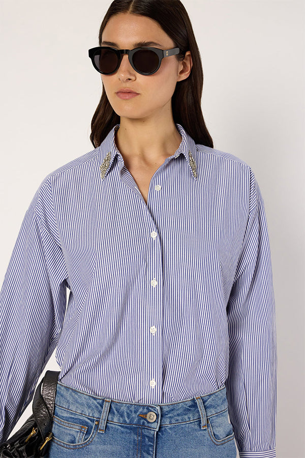 ANA RHINESTONE COLLAR STRIPED SHIRT