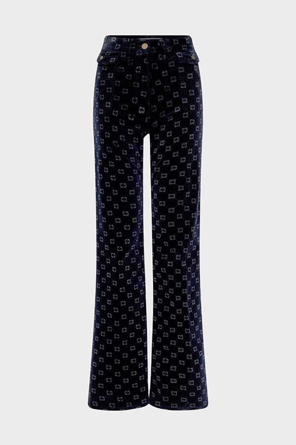 ANNA NAVY MONOGRAM FLARED VELVET TROUSERS
