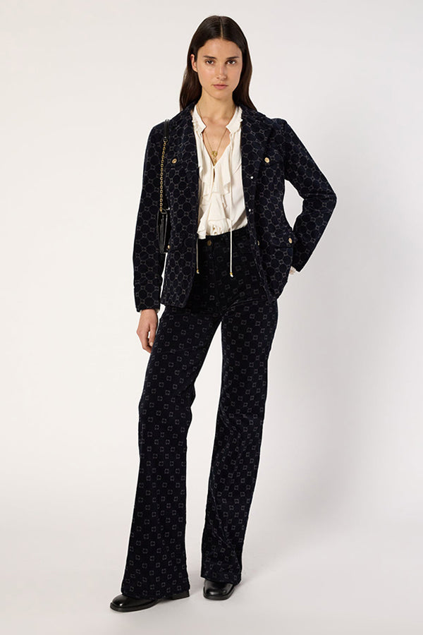 ANNA NAVY MONOGRAM FLARED VELVET TROUSERS