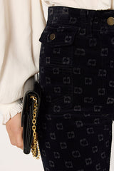 ANNA NAVY MONOGRAM FLARED VELVET TROUSERS