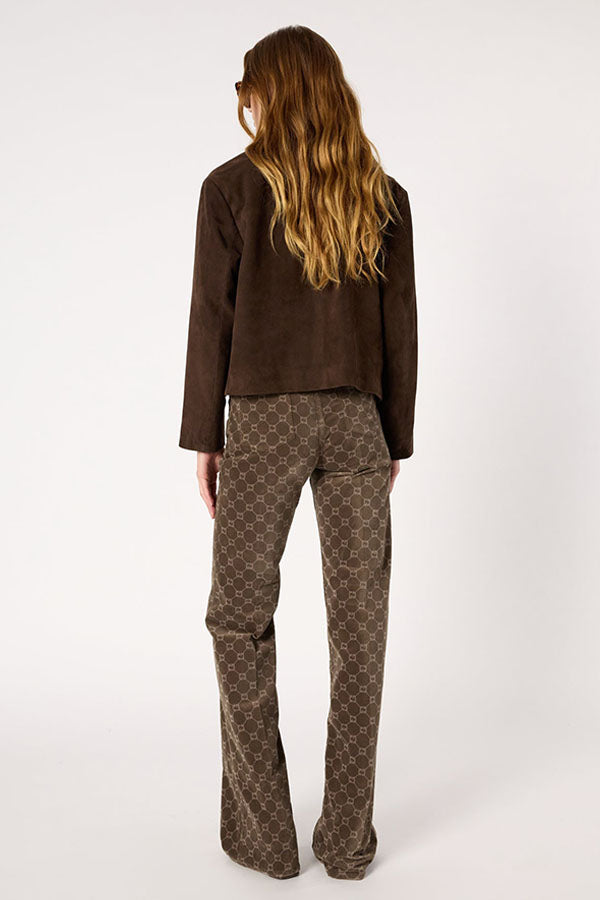 ANNA COFFEE MONOGRAM FLARED VELVET TROUSERS