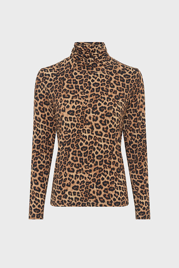 HELENE LEOPARD PRINT STAND UP COLLAR T-SHIRT
