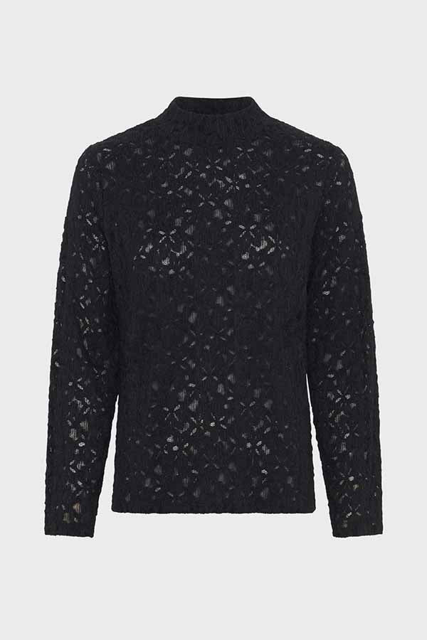 HARMONIE BLACK LACE STAND UP COLLAR FINE SWEATER