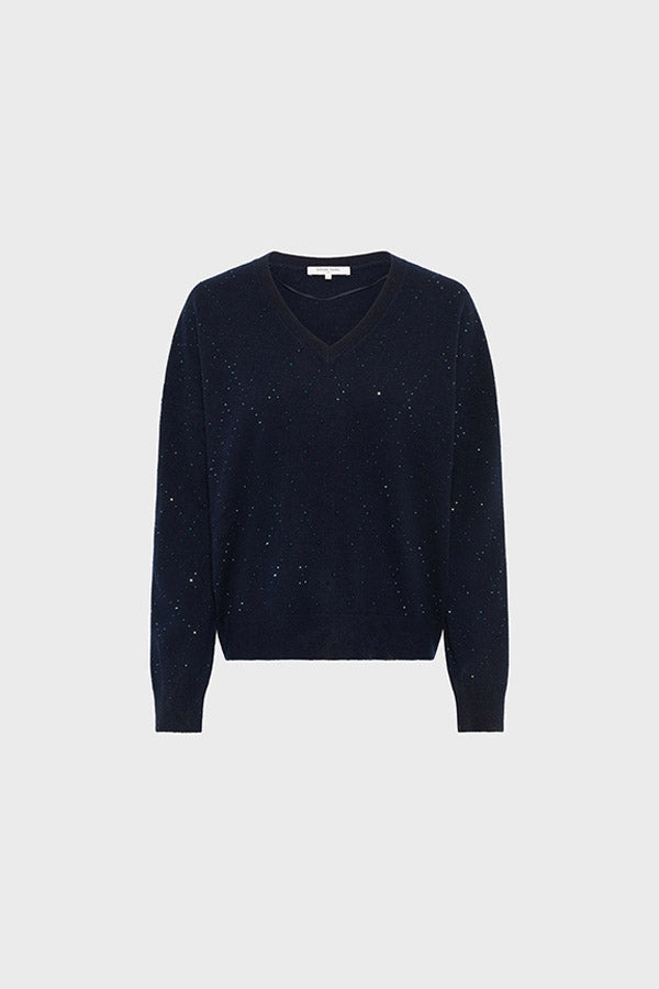 EDWIGE NAVY V-NECK WOOL RHINESTONES SWEATER
