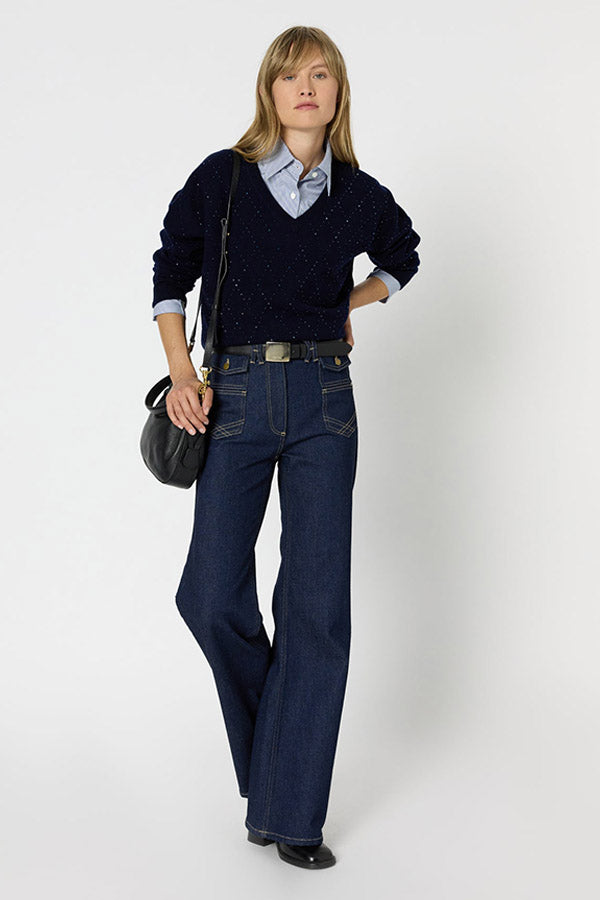 EDWIGE NAVY V-NECK WOOL RHINESTONES SWEATER