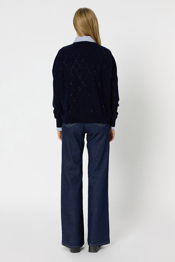 EDWIGE NAVY V-NECK WOOL RHINESTONES SWEATER