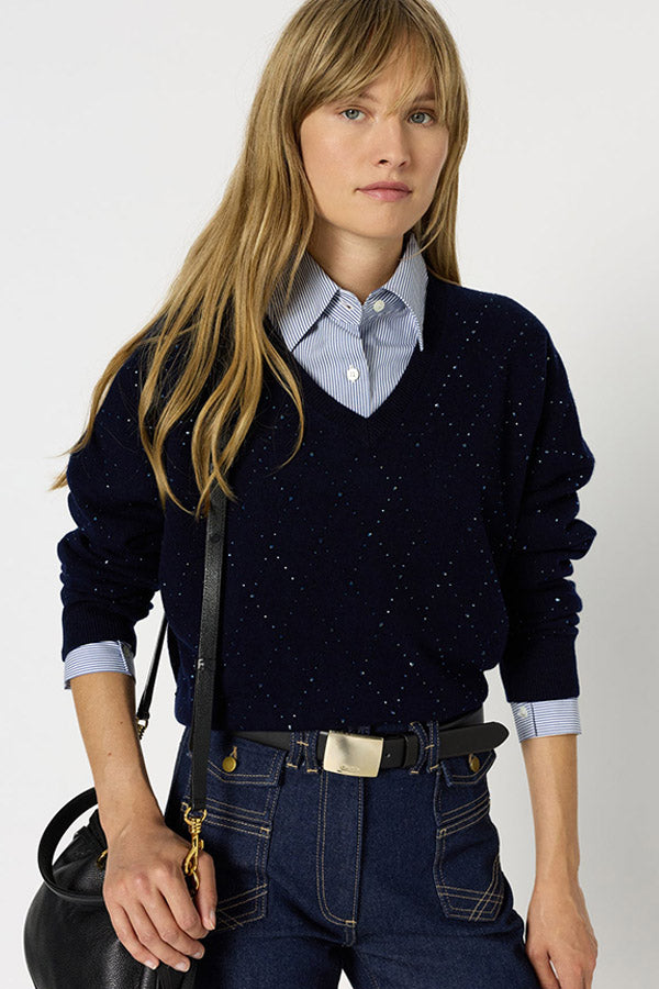 EDWIGE NAVY V-NECK WOOL RHINESTONES SWEATER
