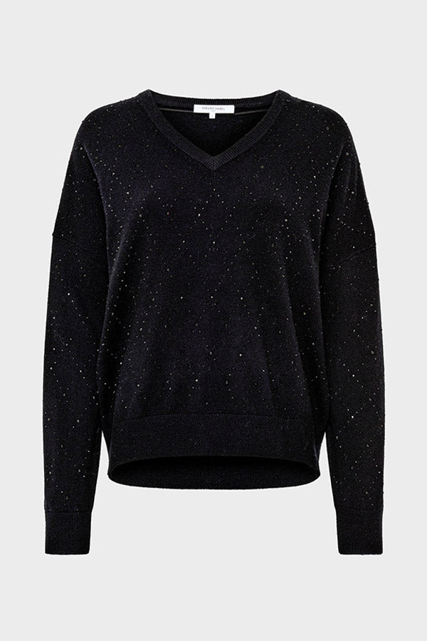 EDWIGE BLACK V-NECK WOOL RHINESTONES SWEATER