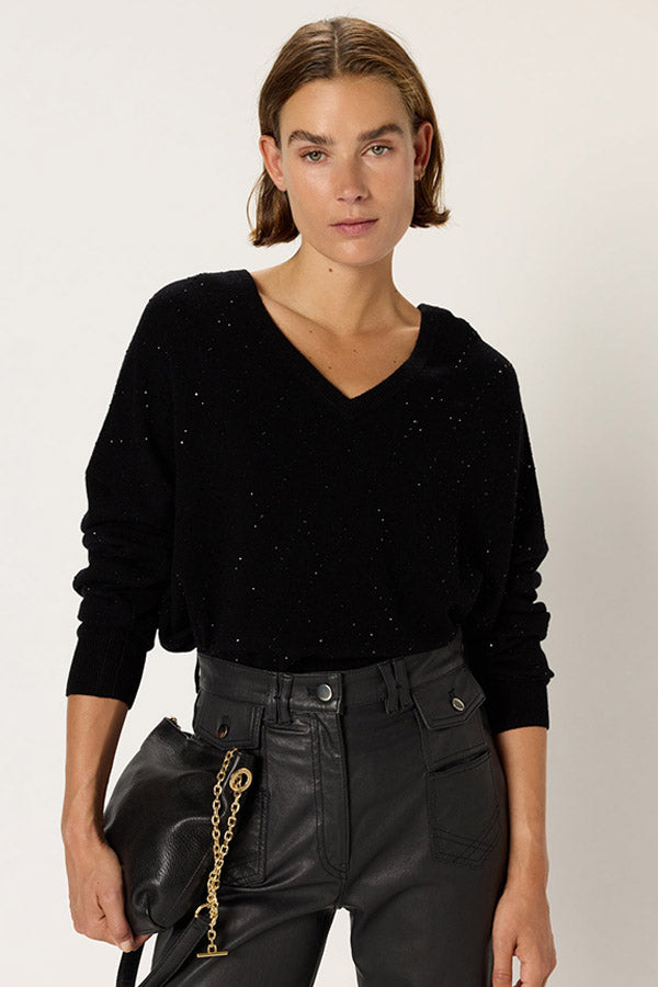 EDWIGE BLACK V-NECK WOOL RHINESTONES SWEATER