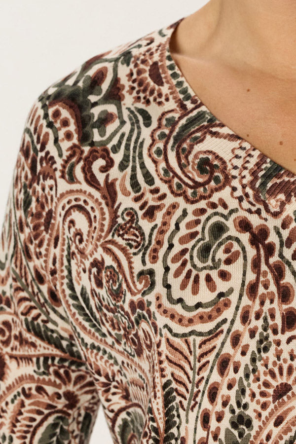 EMME V-NECK PRINTED FINE WOOL SWEATER