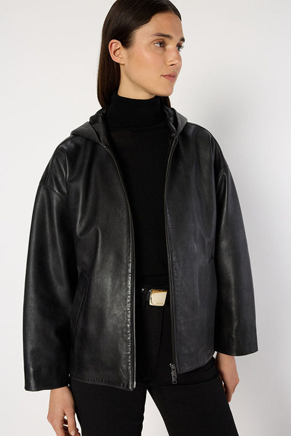 NABILA OVERSIZE HOODED LEATHER JACKET
