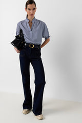 CLEE RUFFLES POPLIN STRIPED BLOUSE