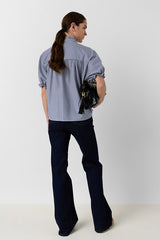 CLEE RUFFLES POPLIN STRIPED BLOUSE