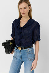 CEYLIA NAVY EMBROIDERED COTTON VOILE SHIRT