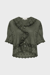CEYLIA KHAKI GREEN EMBROIDERED COTTON VOILE SHIRT