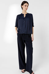 CATRINE NAVY SMOCKED SILK SHIRT
