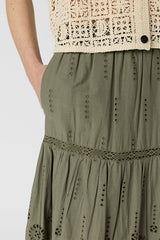 JALY KHAKI GREEN EMBROIDERED COTTON SKIRT