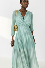 RAYNA GREEN LONG PLEATED DRESS