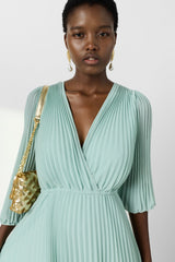 RAYNA GREEN LONG PLEATED DRESS