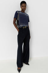 MANOLIA NAVY BI MATERIAL SCARF T SHIRT