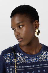MANOLIA NAVY BI MATERIAL SCARF T SHIRT