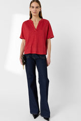 MIORA RED TUNISIAN LINEN COLLAR T SHIRT