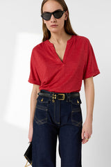 MIORA RED TUNISIAN LINEN COLLAR T SHIRT