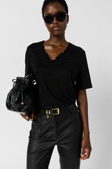MAEVANELLE BLACK LINEN EMBROIDERY T SHIRT