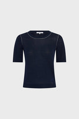 LOUMIA NAVY LINEN BLEND CREW NECK SWEATER