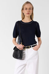 LOUMIA NAVY LINEN BLEND CREW NECK SWEATER