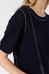 LOUMIA NAVY LINEN BLEND CREW NECK SWEATER