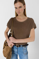 LIXIA BROWN IRIDESCENT KNIT ROUND NECK SWEATER