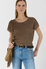 LIXIA BROWN IRIDESCENT KNIT ROUND NECK SWEATER