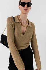 LAILAH GOLD KNIT POLO COLLAR SWEATER