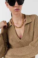 LAILAH GOLD KNIT POLO COLLAR SWEATER