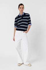 LEILA NAVY STRIPED SHORT SLEEVED POLO SHIRT