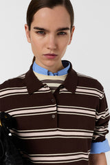 LEILA TAUPE STRIPED SHORT SLEEVED POLO SHIRT