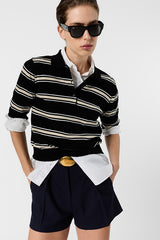 LEILA BLACK STRIPED SHORT SLEEVED POLO SHIRT